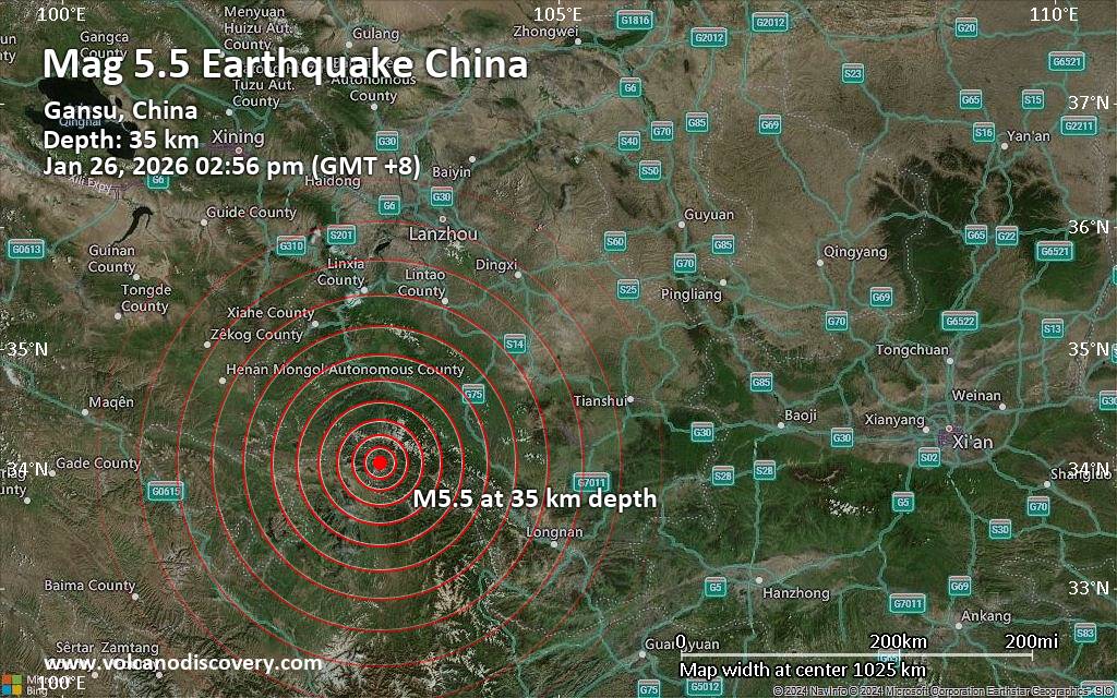 Fuerte terremoto magnitud 5.5 al sureste de Dianga, china, lunes 26 enero 2026